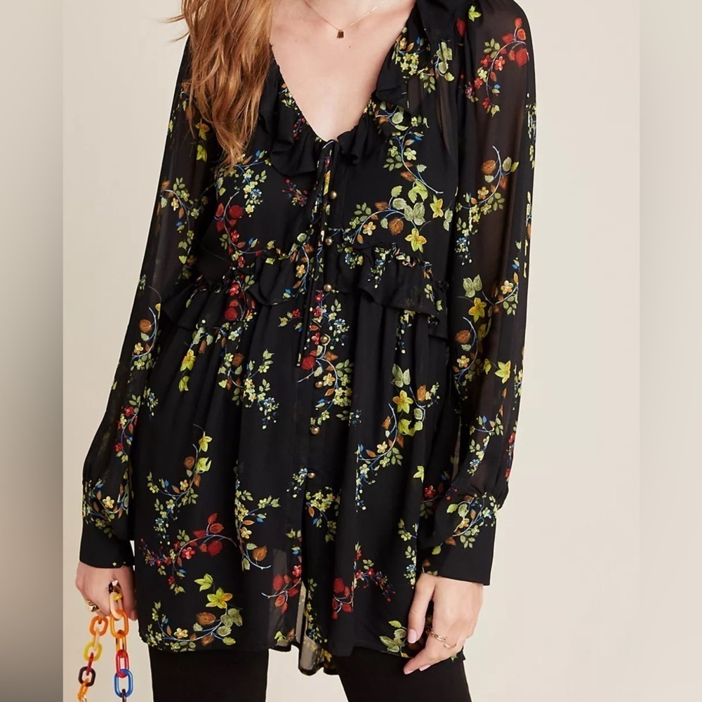 Anthropologie Jamison floral ruffled long v- neck sheer tunic